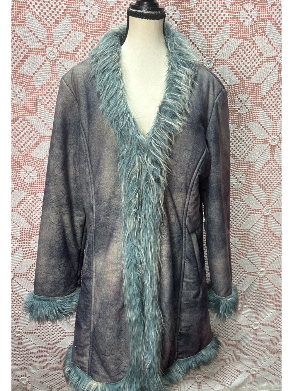 Y2K Feilida Faux Fur Trim Coat Grey Blue M/L